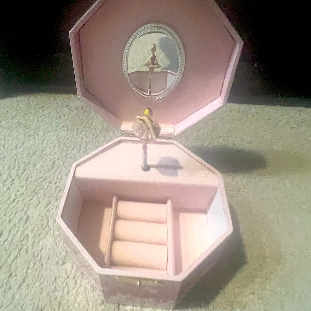 This is a little girl pink jewelry box .